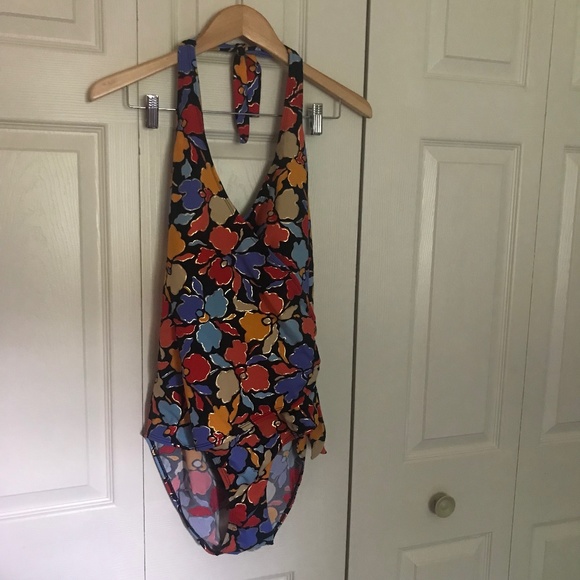 Islander tropical halter wrap style 1pc Swimsuit 16 XL black red gold metallic - Picture 1 of 5